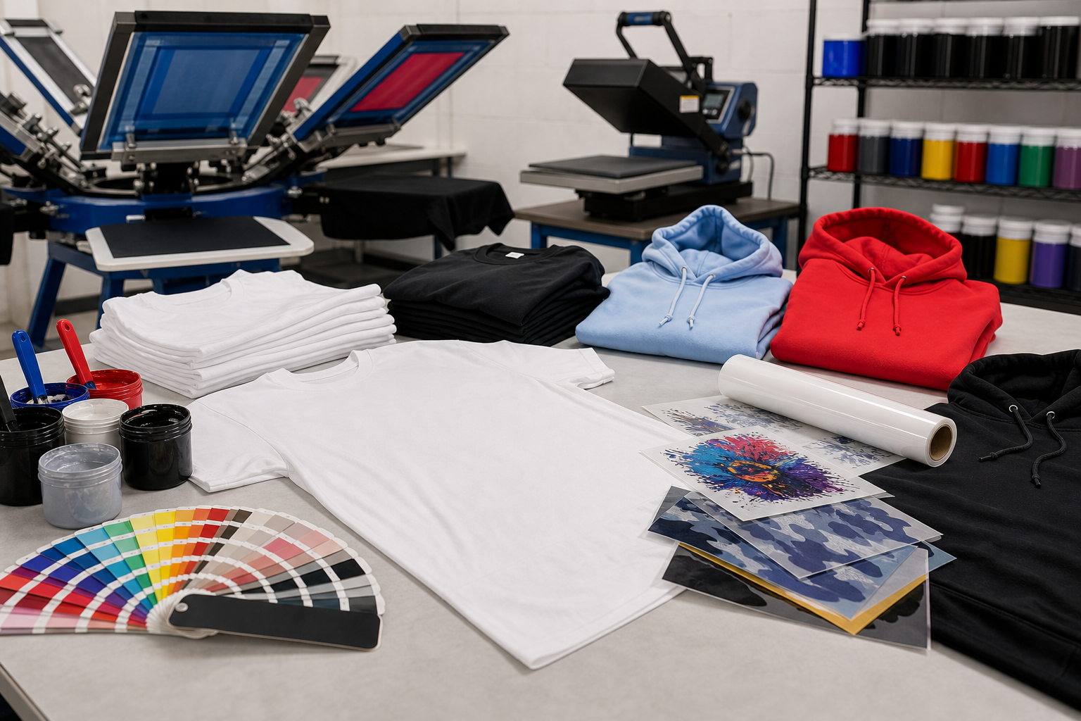 Custom apparel printing setup with blank shirts, hoodies, screen printing, and DTF transfer materials