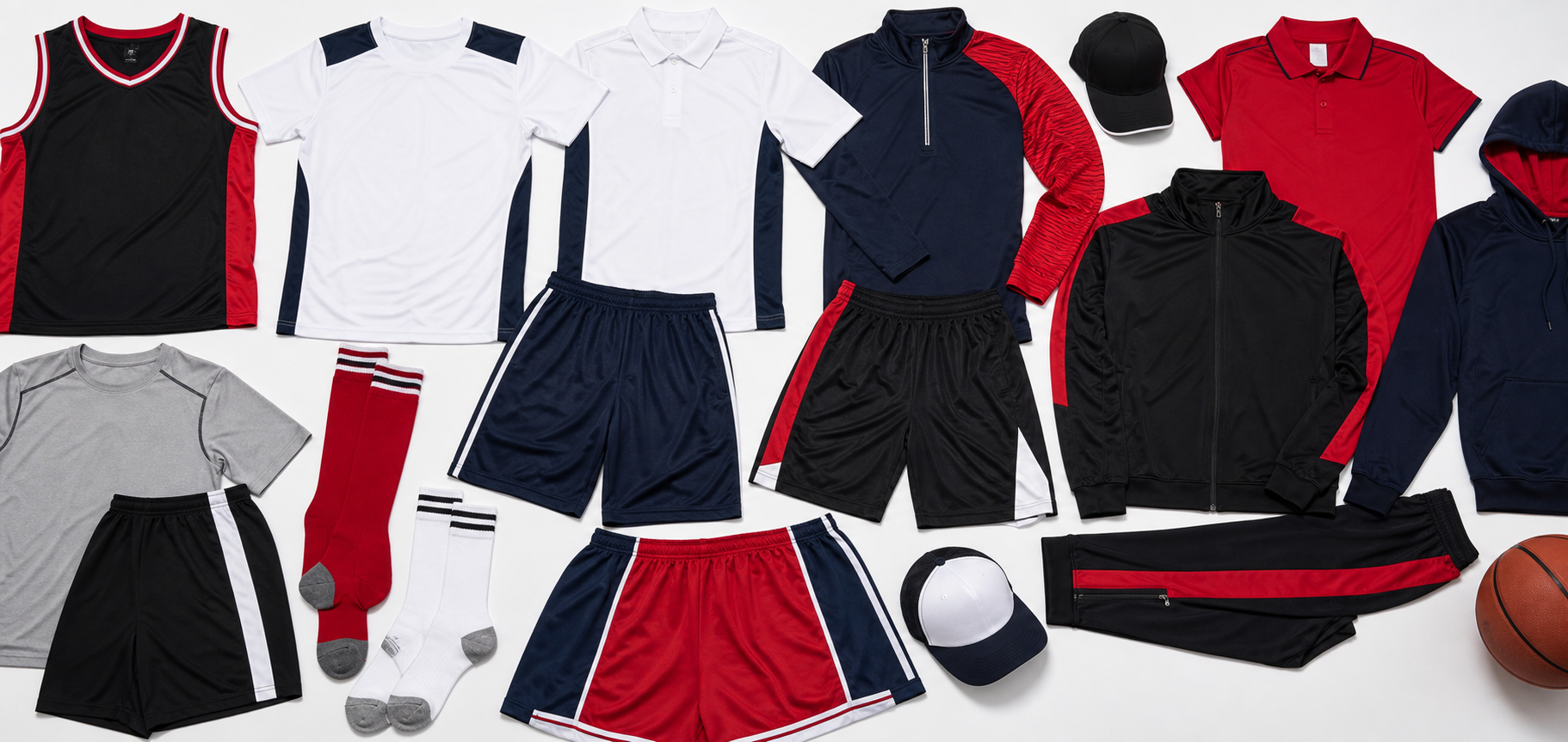 Blank sports apparel, team uniforms, jerseys, shorts, caps, and performance clothing