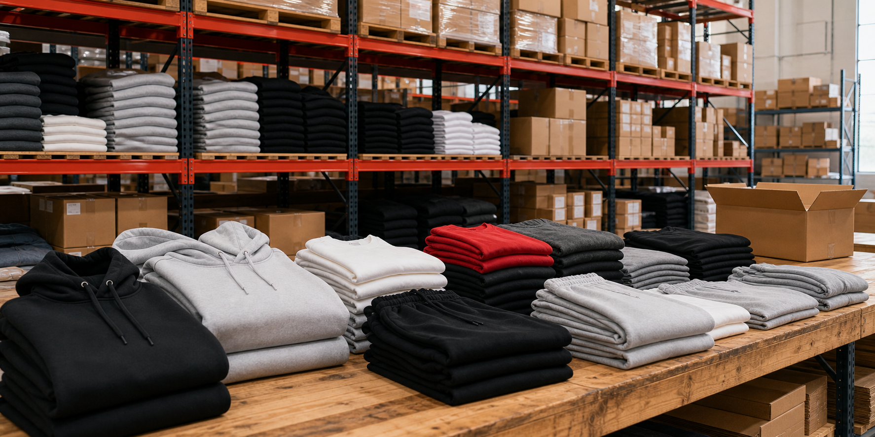Wholesale blank apparel warehouse inventory with folded hoodies, t-shirts, fleece, and shipping boxes
